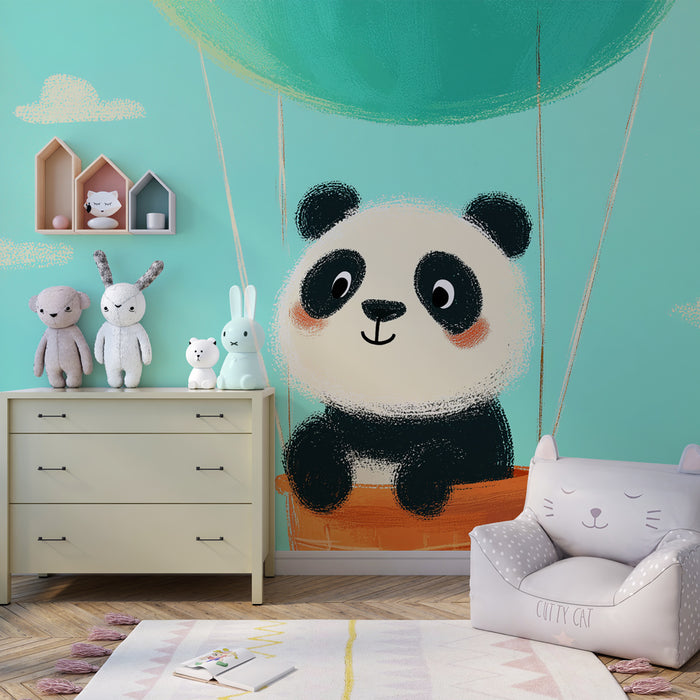 Kids room wallpaper | Cute panda in a hot air balloon