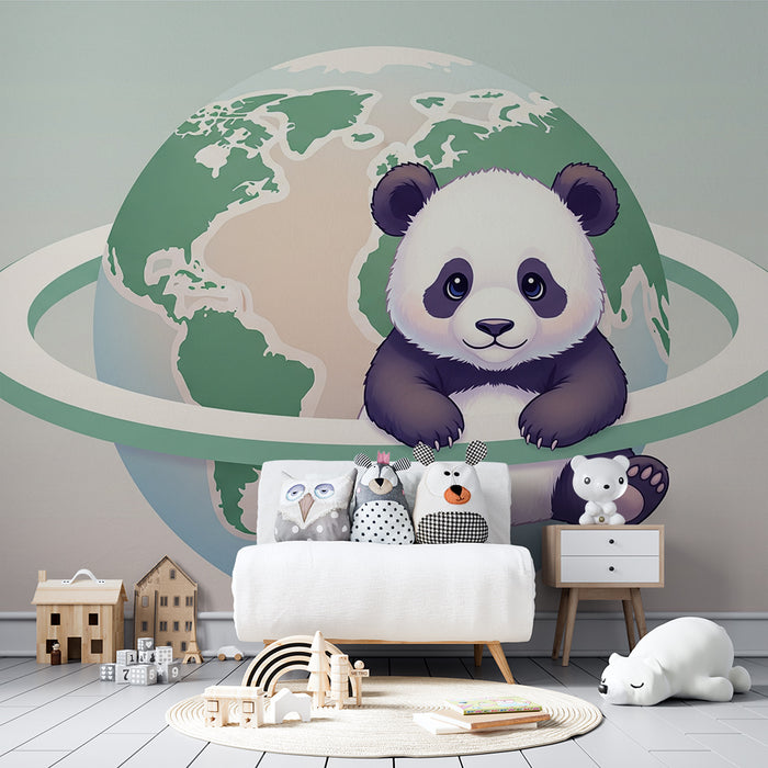 Kinderkamer behang | Schattige panda omringd door de aarde