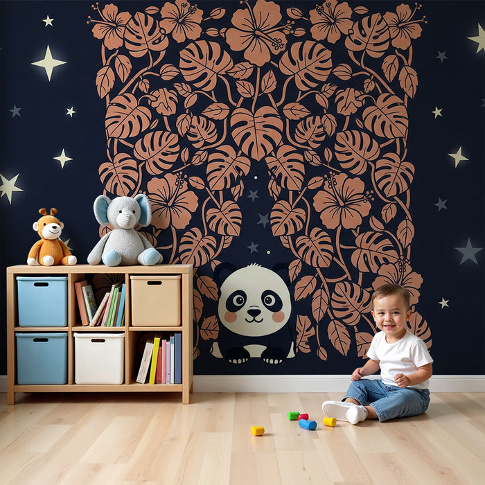 Børneværelse tapet | Sød panda og stjernet jungle