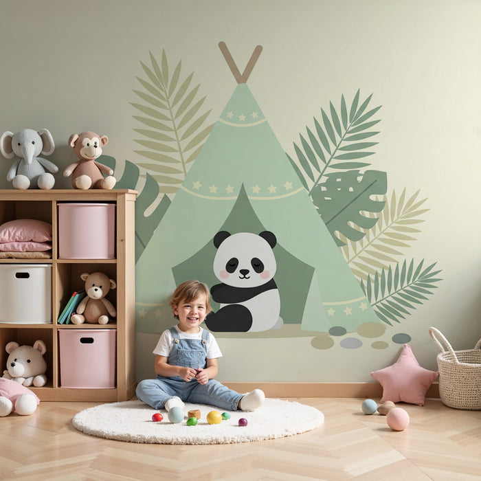 Kinderzimmer Tapete | Niedlicher Panda und Campingzelt