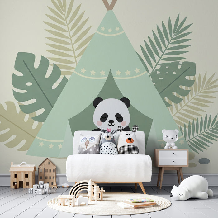 Kinderzimmer Tapete | Niedlicher Panda und Campingzelt