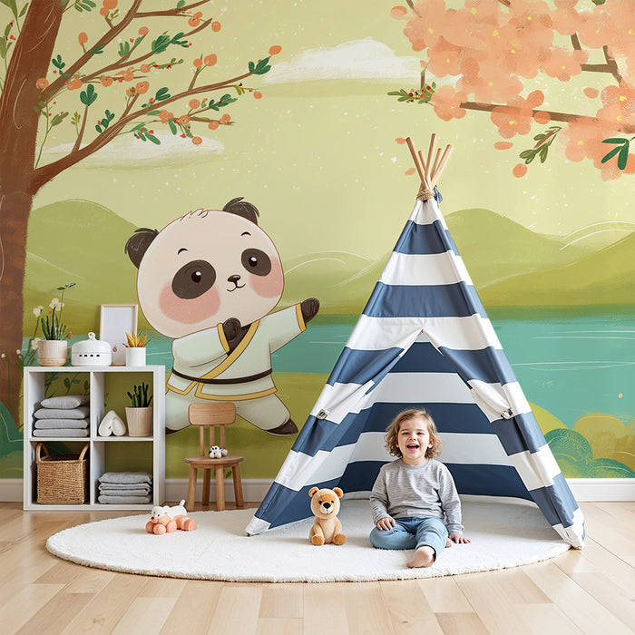 Papel de parede criança | Panda simpatic care practică arte marțiale la marginea unui lac