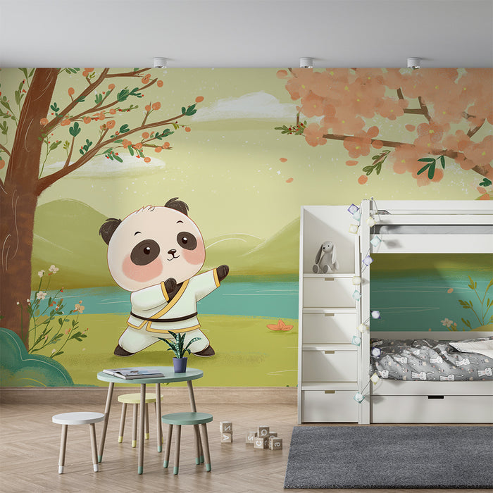 Papel de parede criança | Panda simpatic care practică arte marțiale la marginea unui lac
