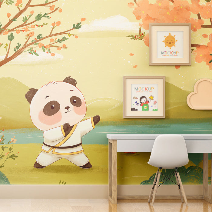 Papel de parede criança | Panda simpatic care practică arte marțiale la marginea unui lac