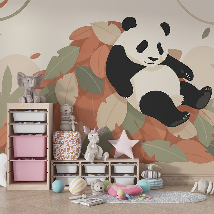 Papel de parede criança | Panda fofinho descansando em um monte de folhas coloridas