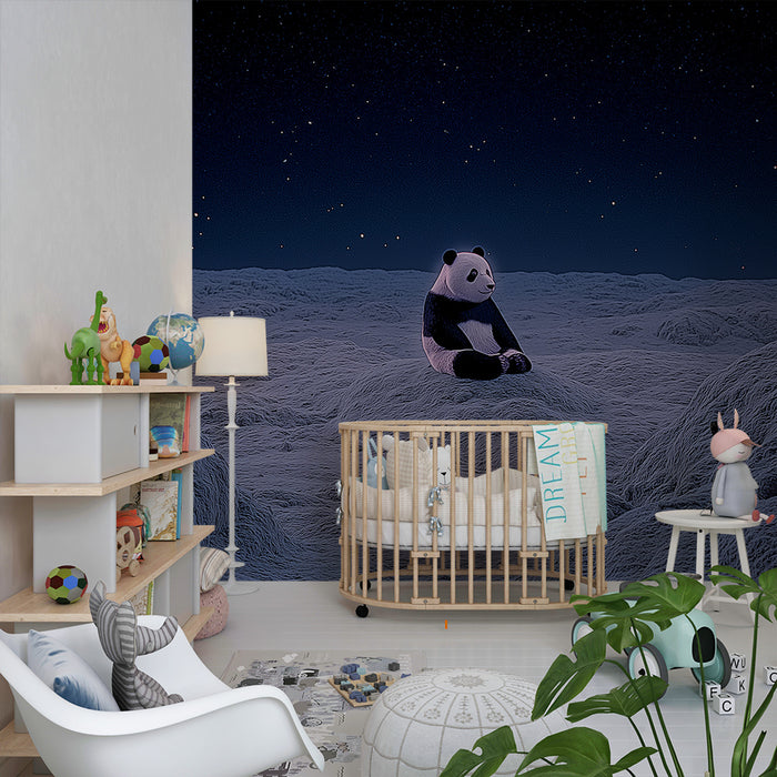 Børneværelse tapet | Sød panda på månen under en stjernehimmel
