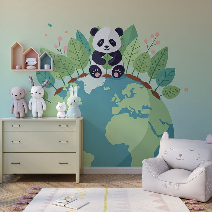 Barntapet | Söt panda på planeten omgiven av lövwerk