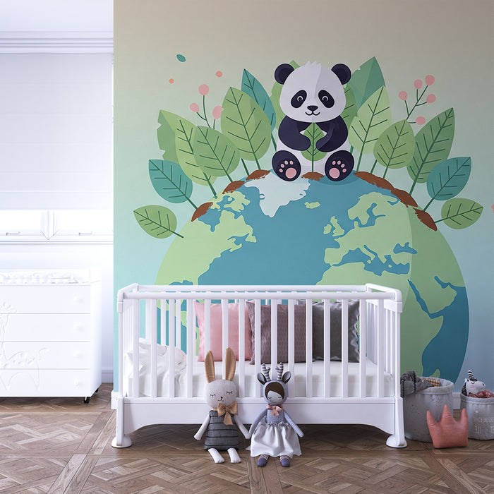 Barntapet | Söt panda på planeten omgiven av lövwerk