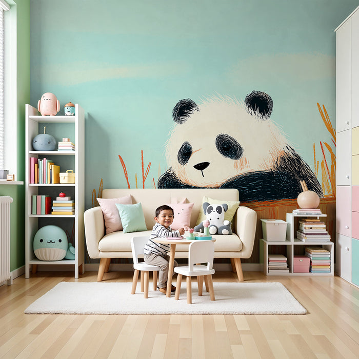 Detská izba tapeta | Rozkošný panda na strome obklopený farebnou vegetáciou
