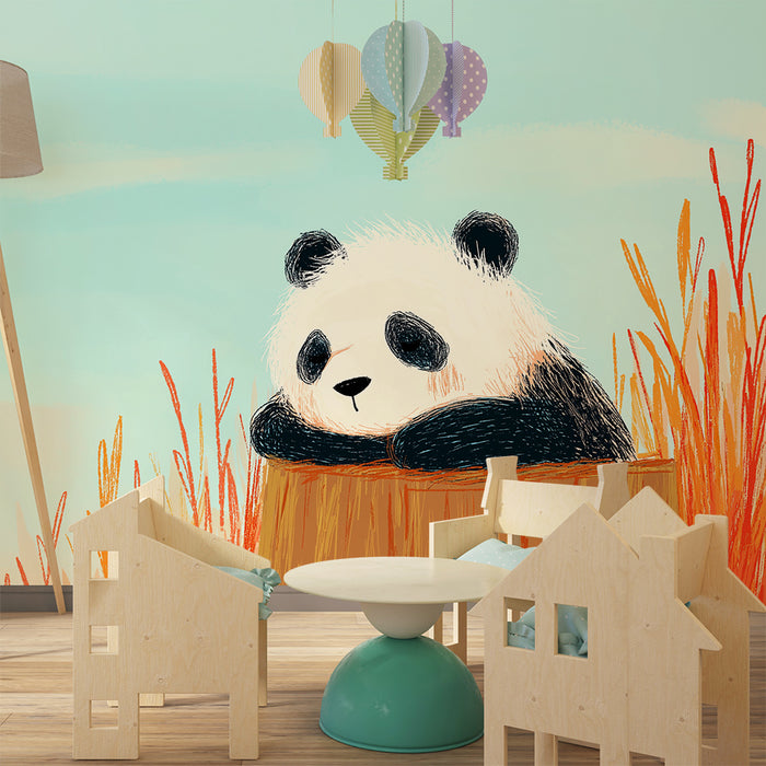 Detská izba tapeta | Rozkošný panda na strome obklopený farebnou vegetáciou