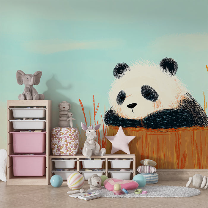 Detská izba tapeta | Rozkošný panda na strome obklopený farebnou vegetáciou