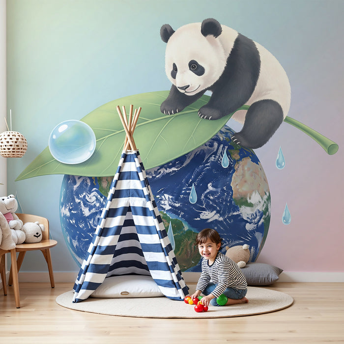 Papier peint chambre enfant | Panda mignon sur une feuille au-dessus de la Terre