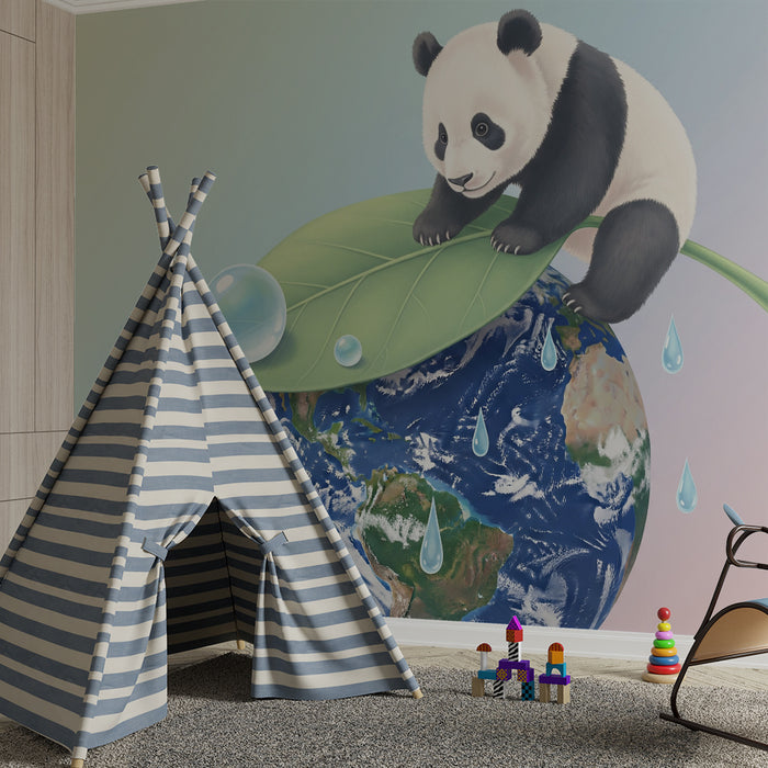 Papier peint chambre enfant | Panda mignon sur une feuille au-dessus de la Terre