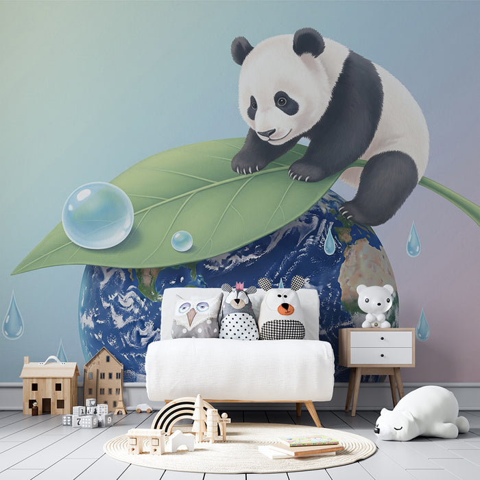 Papier peint chambre enfant | Panda mignon sur une feuille au-dessus de la Terre