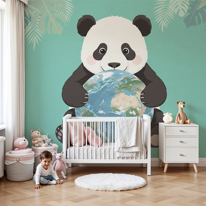 Tapet pentru camera copiilor | Panda drăguț ținând globul pământesc într-un decor tropical