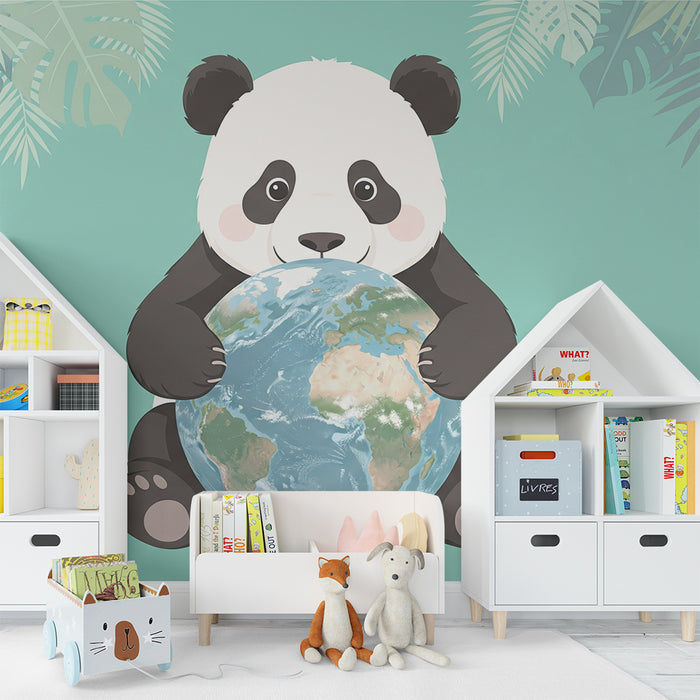 Tapet pentru camera copiilor | Panda drăguț ținând globul pământesc într-un decor tropical