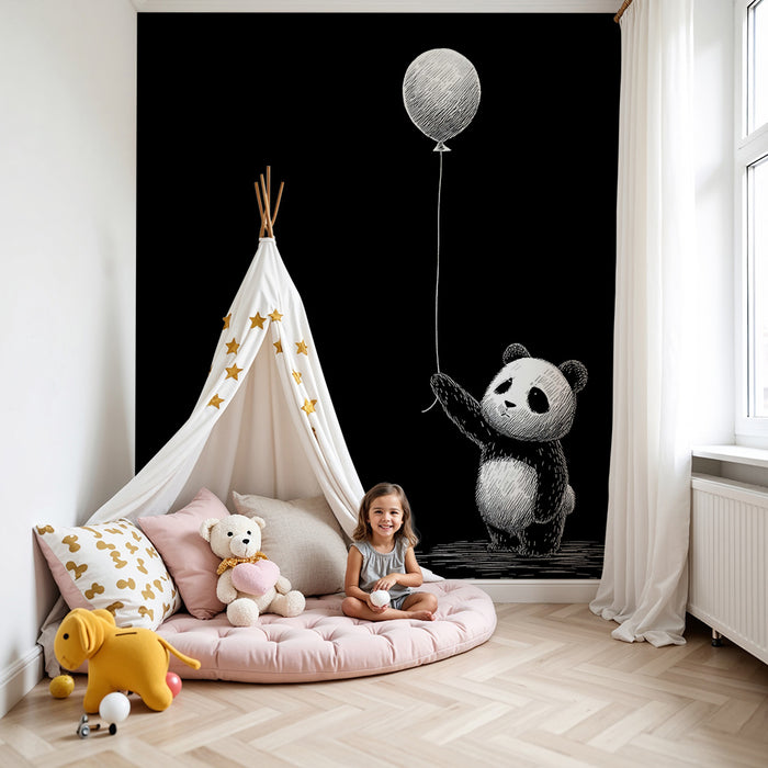Lastenhuoneen tapetti | Söpö panda pitämässä ilmapalloa mustalla taustalla