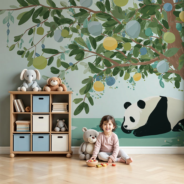 Kids room wallpaper | Peaceful panda under a colorful fruit tree
