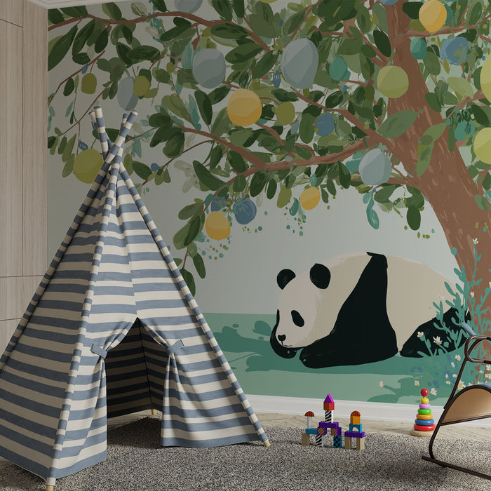 Kids room wallpaper | Peaceful panda under a colorful fruit tree