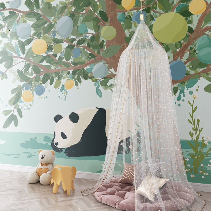 Kids room wallpaper | Peaceful panda under a colorful fruit tree