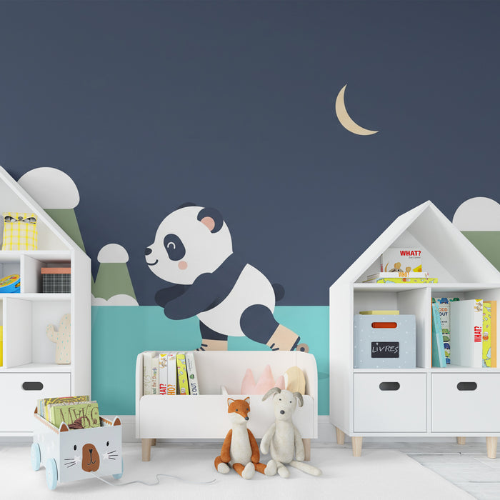 Kinderkamer behang | Panda schaatsen onder de sterren