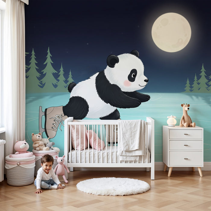Papier peint chambre enfant | Panda patineur sous la lune