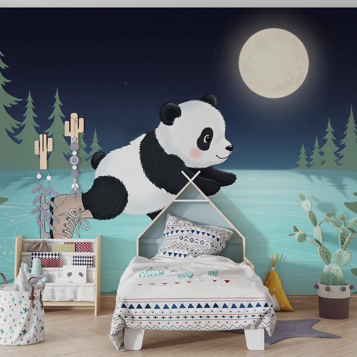 Papier peint chambre enfant | Panda patineur sous la lune