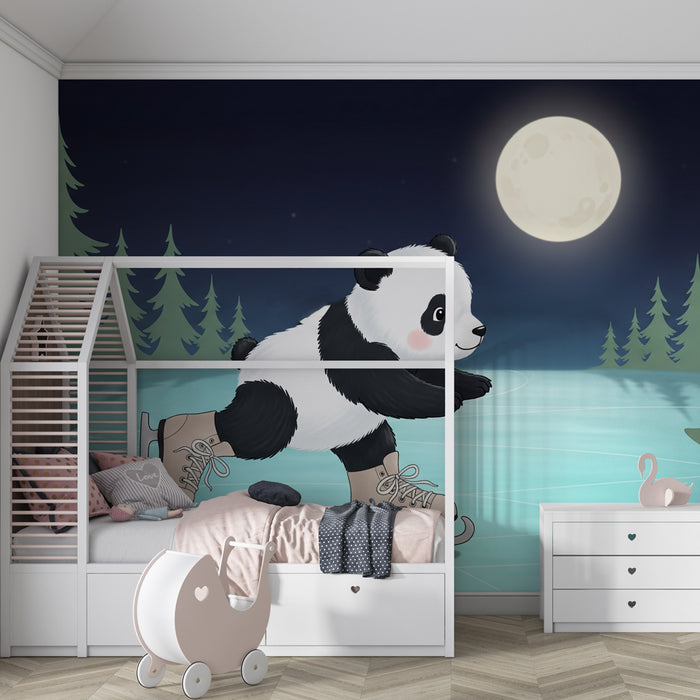 Papier peint chambre enfant | Panda patineur sous la lune