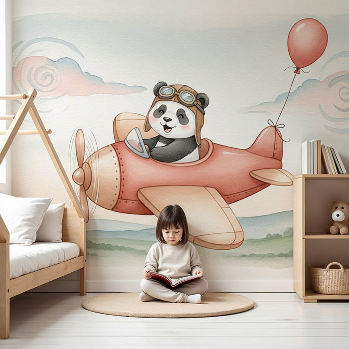 Papier peint chambre enfant | Panda pilote dans les nuages