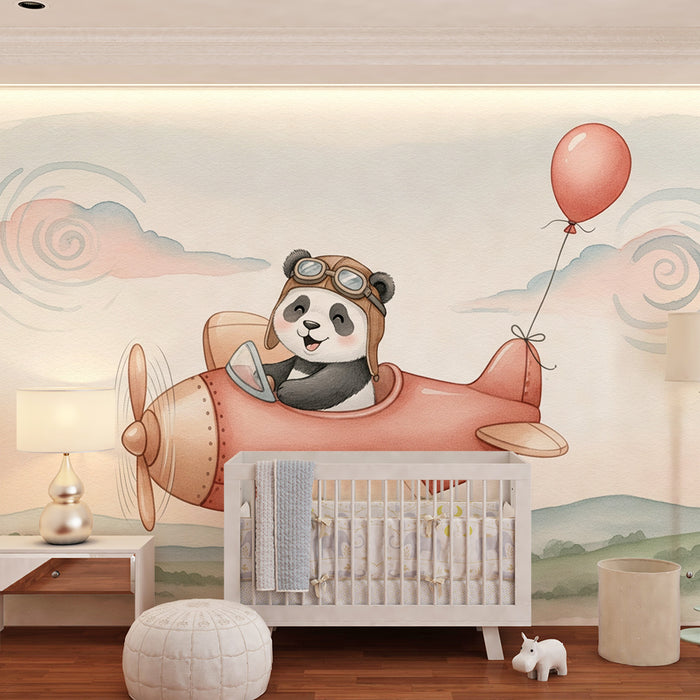 Papier peint chambre enfant | Panda pilote dans les nuages