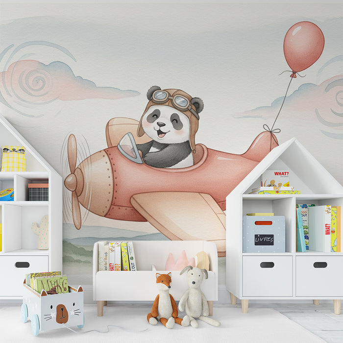 Papier peint chambre enfant | Panda pilote dans les nuages