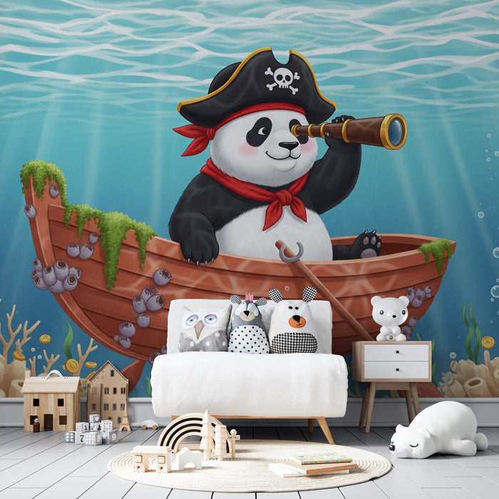 Kinderzimmer Tapete | Panda-Pirat auf der Suche nach Unterwasser-Schätzen