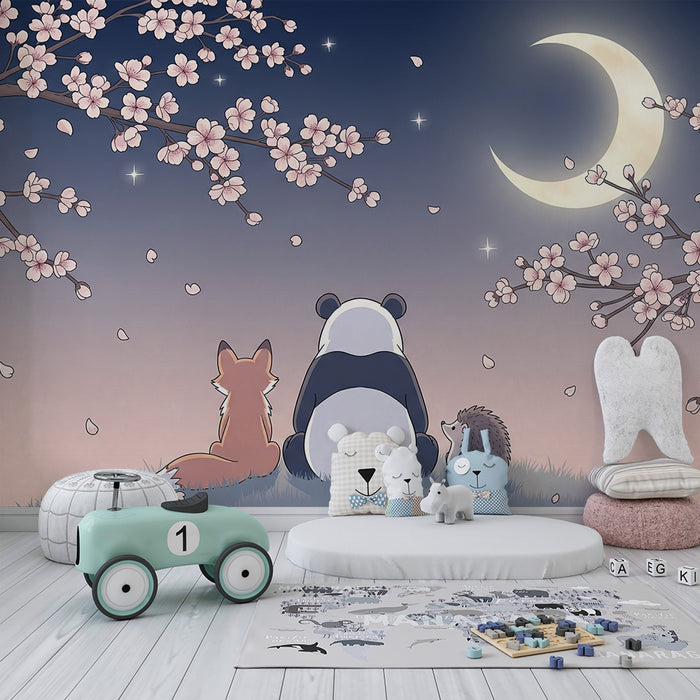 Barntapet | Panda, räv och igelkott under blommande körsbärsträd
