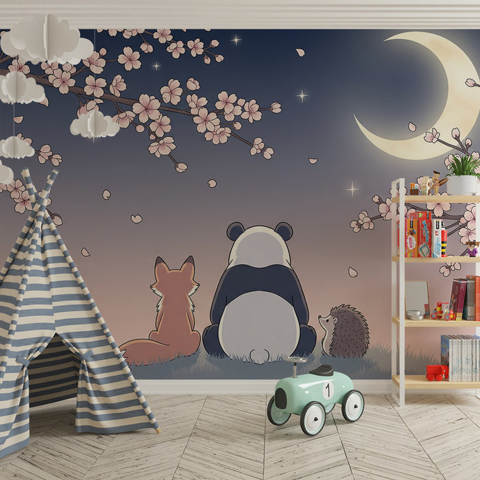 Barntapet | Panda, räv och igelkott under blommande körsbärsträd