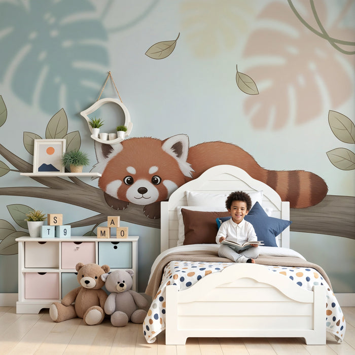 Kinderzimmer Tapete | Niedlicher roter Panda auf einem Ast