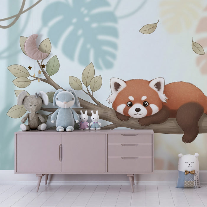 Kinderzimmer Tapete | Niedlicher roter Panda auf einem Ast
