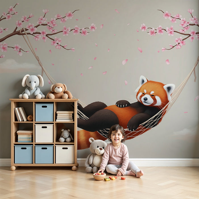 Barntapet | Avslappnad röd panda under blommande körsbärsträd