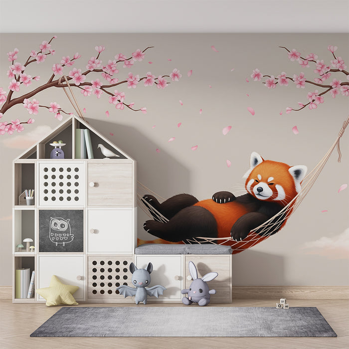 Barntapet | Avslappnad röd panda under blommande körsbärsträd