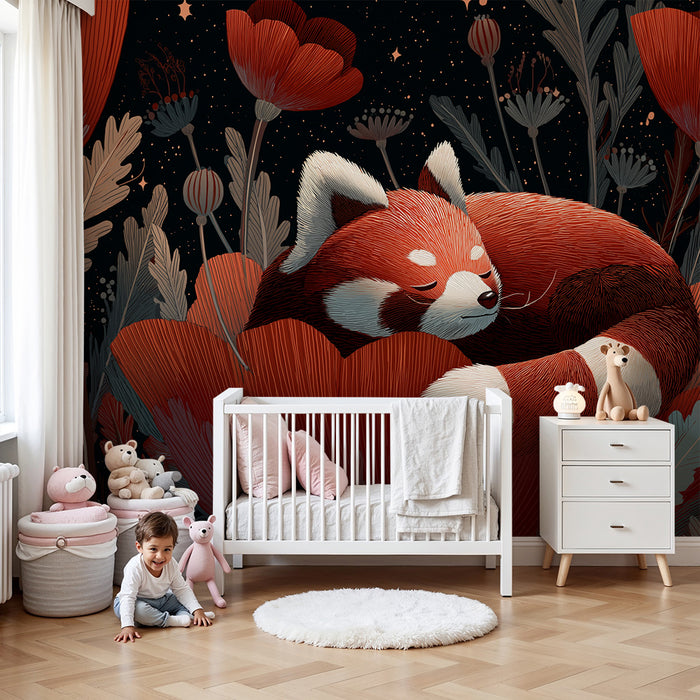 Kinderkamer behang | Slapende rode panda tussen heldere bloemen