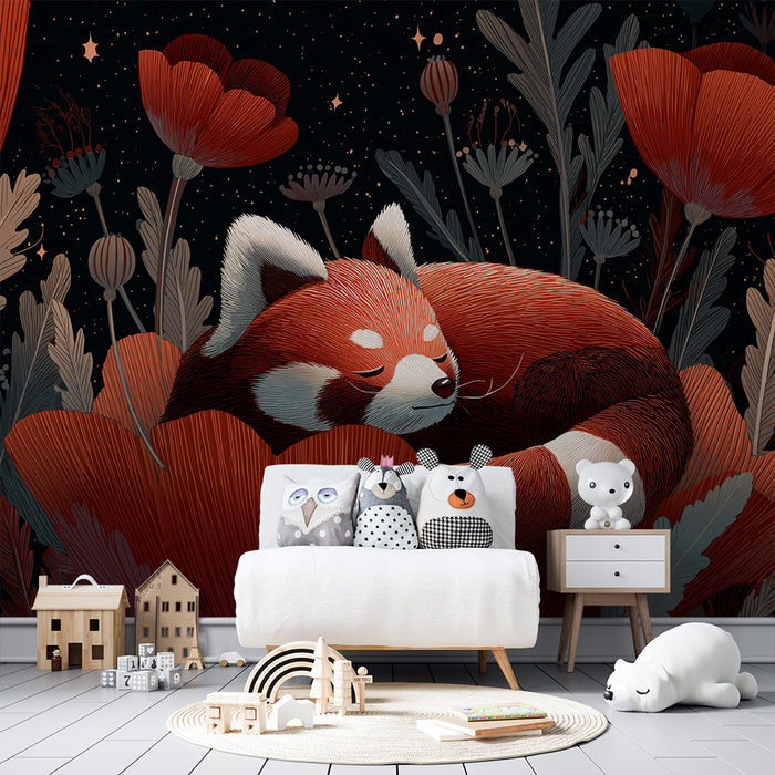 Kinderkamer behang | Slapende rode panda tussen heldere bloemen