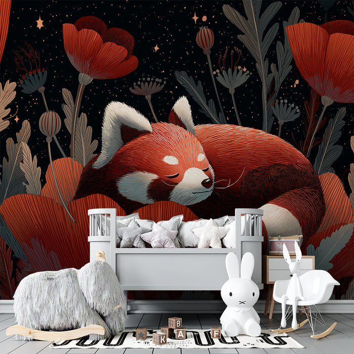 Kinderkamer behang | Slapende rode panda tussen heldere bloemen