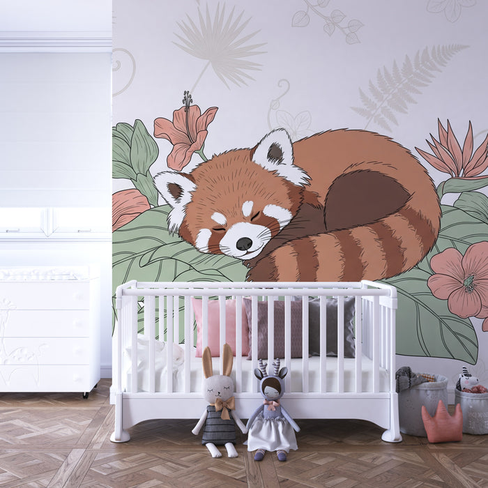 Tapety dla dzieci | Śpiący czerwony panda pośród kwiatów