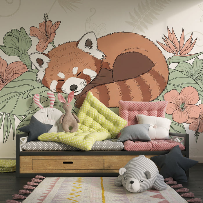 Tapety dla dzieci | Śpiący czerwony panda pośród kwiatów