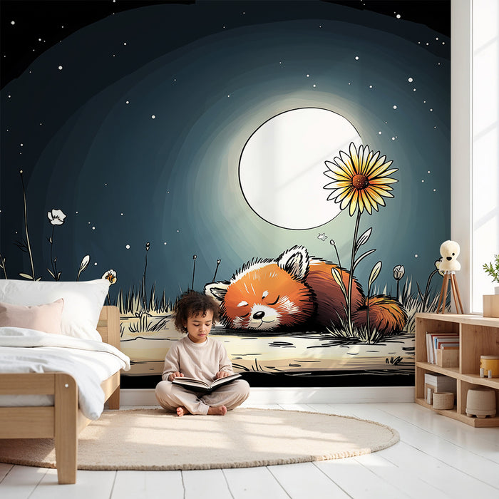 Papel de parede criança | Panda vermelho adormecido sob a lua com flores