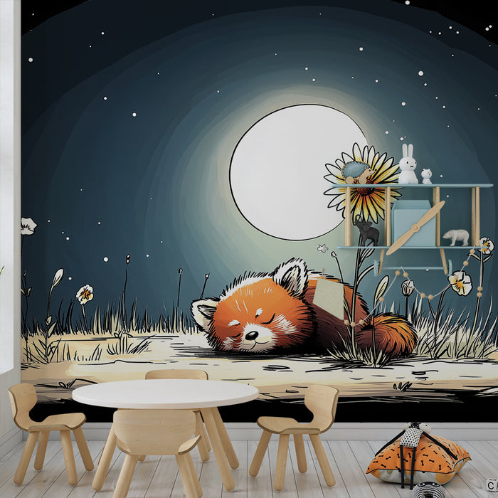 Papel de parede criança | Panda vermelho adormecido sob a lua com flores