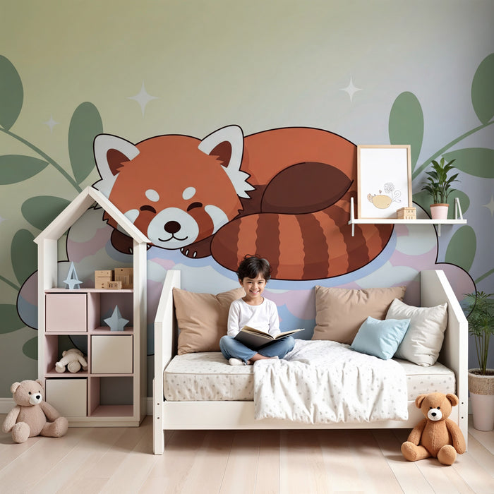 Kinderzimmer Tapete | Schlafender Roter Panda auf einer Wolke