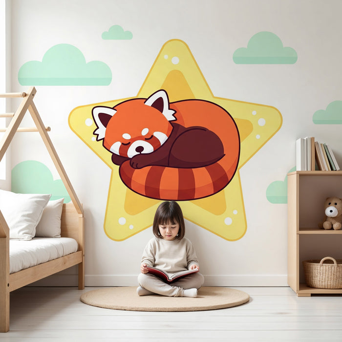 Kinderzimmer Tapete | Schlafender Roter Panda auf einem Stern