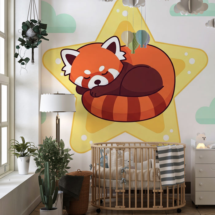 Kinderzimmer Tapete | Schlafender Roter Panda auf einem Stern