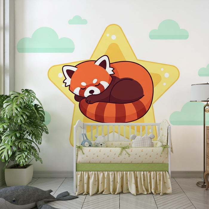 Kinderzimmer Tapete | Schlafender Roter Panda auf einem Stern