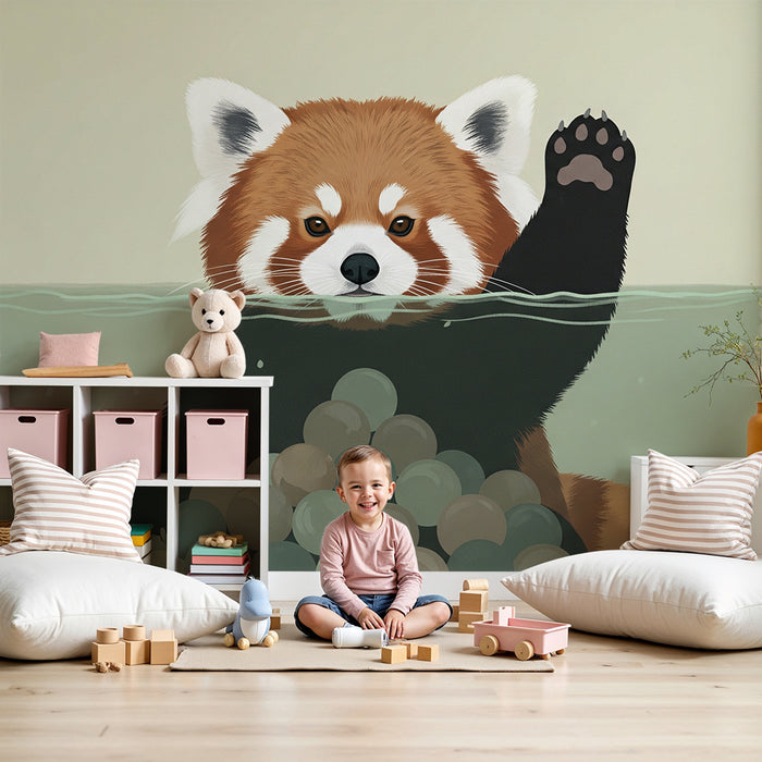 Barntapet | Lekfull röd panda i vattnet med färgglada bollar